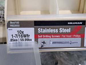 lot 799 image: Lot of (120) Hillman Stainless Steel Self Drilling Screws 10x1-716Wfr  Flat Head  Phillips Drive #H822650