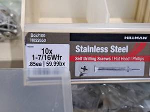 lot 800 image: Lot of (200) Hillman Stainless Steel Self Drilling Screws 10x1-716Wfr  Flat Head  Phillips Drive #H822650