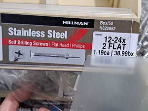 lot 801 image: Lot of (175) Hillman Stainless Steel Self Drilling Screws 12-24x2 FLAT  Flat Head  Phillips Drive #H822652