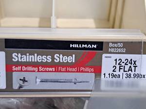 lot 802 image: Lot of (200) Hillman Stainless Steel Self Drilling Screws 12-24x2 FLAT  Flat Head  Phillips Drive #H822652