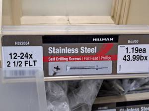 lot 803 image: Lot of (90) Hillman Stainless Steel Self Drilling Screws 12-24x2-12 FLT  Flat Head  Phillips Drive #H822654