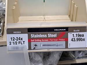 lot 804 image: Lot of (100) Hillman Stainless Steel Self Drilling Screws 12-24x2-12 FLT  Flat Head  Phillips Drive #H822654