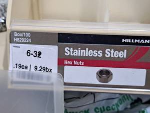 lot 806 image: Lot of (300) Hillman 6-32 Stainless Steel Hex Nuts #H829224