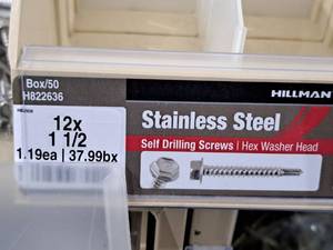 lot 821 image: Lot of (50) Hillman Stainless Steel Self Drilling Screws 12x1-12  Hex Washer Head #H822636