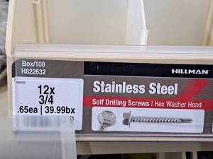 lot 825 image: Lot of (200) Hillman Stainless Steel Self Drilling Screws 12x34  Hex Washer Head #H822632