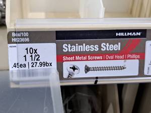 lot 828 image: Lot of (120) Hillman Stainless Steel Sheet Metal Screws 10x1-12  Oval Head  Phillips Drive #H823696