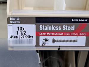 lot 829 image: Lot of (200) Hillman Stainless Steel Sheet Metal Screws 10x1-12  Oval Head  Phillips Drive #H823696
