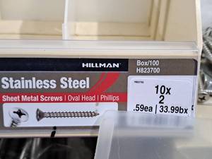 lot 830 image: Lot of (50) Hillman Stainless Steel Sheet Metal Screws 10x2  Oval Head  Phillips Drive #H823700