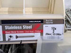 lot 831 image: Lot of (100) Hillman Stainless Steel Sheet Metal Screws 10x2  Oval Head  Phillips Drive #H823700