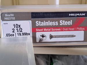 lot 832 image: Lot of (90) Hillman Stainless Steel Sheet Metal Screws 10x2-12  Oval Head  Phillips Drive #H823702