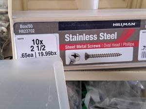 lot 833 image: Lot of (50) Hillman Stainless Steel Sheet Metal Screws 10x2-12  Oval Head  Phillips Drive #H823702