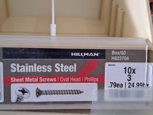 lot 834 image: Lot of (90) Hillman Stainless Steel Sheet Metal Screws 10x3  Oval Head  Phillips Drive #H823704