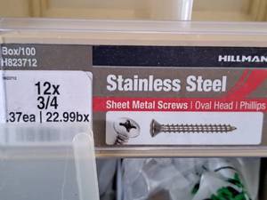 lot 836 image: Lot of (160) Hillman Stainless Steel Sheet Metal Screws 12x34  Oval Head  Phillips Drive #H823712