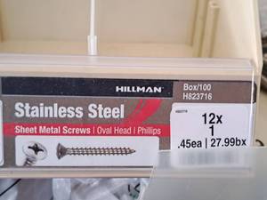 lot 839 image: Lot of (140) Hillman Stainless Steel Sheet Metal Screws 12x1  Oval Head  Phillips Drive #H823716