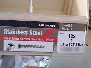 lot 840 image: Lot of (200) Hillman Stainless Steel Sheet Metal Screws 12x1  Oval Head  Phillips Drive #H823716