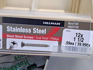 lot 843 image: Lot of (80) Hillman Stainless Steel Sheet Metal Screws 12x1-12  Oval Head  Phillips Drive #H823720