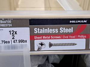 lot 845 image: Lot of (175) Hillman Stainless Steel Sheet Metal Screws 12x2  Oval Head  Phillips Drive #H823724