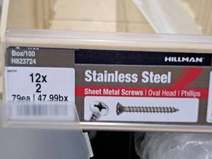 lot 846 image: Lot of (100) Hillman Stainless Steel Sheet Metal Screws 12x2  Oval Head  Phillips Drive #H823724