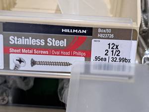 lot 847 image: Lot of (140) Hillman Stainless Steel Sheet Metal Screws 12x2-12  Oval Head  Phillips Drive #H823726