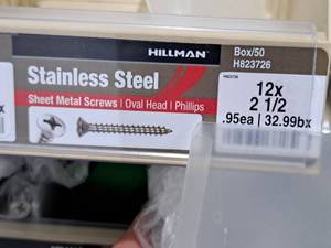 lot 848 image: Lot of (50) Hillman Stainless Steel Sheet Metal Screws 12x2-12  Oval Head  Phillips Drive #H823726