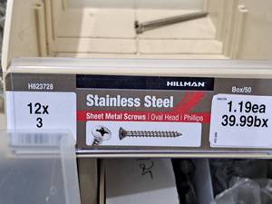 lot 849 image: Lot of (90) Hillman Stainless Steel Sheet Metal Screws 12x3  Oval Head  Phillips Drive #H823728