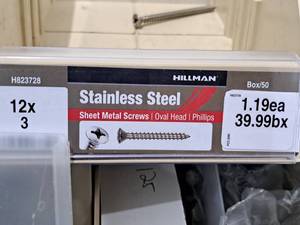 lot 850 image: Lot of (100) Hillman Stainless Steel Sheet Metal Screws 12x3  Oval Head  Phillips Drive #H823728