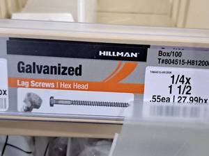 lot 868 image: Lot of (120) Hillman Galvanized Lag Screws 14x1-12  Hex Head #H812006