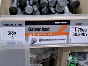 lot 880 image: Lot of (55) Hillman Galvanized Lag Screws 38x4  Hex Head #H812074