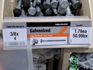 lot 881 image: Lot of (100) Hillman Galvanized Lag Screws 38x4  Hex Head #H812074