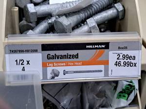 lot 882 image: Lot of (45) Hillman Galvanized Lag Screws 12x4  Hex Head #H812098