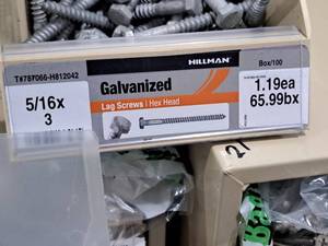 lot 905 image: Lot of (135) Hillman Galvanized Lag Screws 516x3  Hex Head #H812042