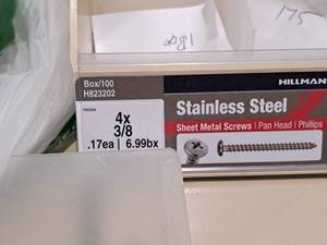 lot 932 image: Lot of (200) Hillman Stainless Steel Sheet Metal Screws 4x38  Pan Head  Phillips Drive #H823202