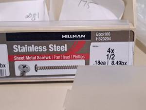lot 934 image: Lot of (175) Hillman Stainless Steel Sheet Metal Screws 4x12  Pan Head  Phillips Drive #H823204