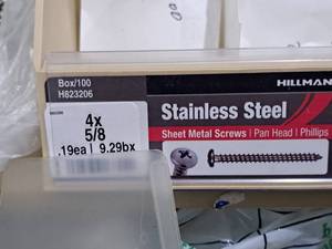 lot 935 image: Lot of (200) Hillman Stainless Steel Sheet Metal Screws 4x58  Pan Head  Phillips Drive #H823206