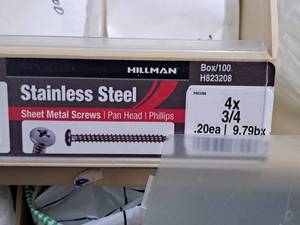 lot 936 image: Lot of (300) Hillman Stainless Steel Sheet Metal Screws 4x34  Pan Head  Phillips Drive #H823208