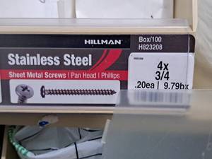 lot 937 image: Lot of (200) Hillman Stainless Steel Sheet Metal Screws 4x34  Pan Head  Phillips Drive #H823208