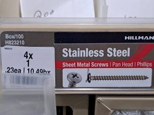 lot 938 image: Lot of (200) Hillman Stainless Steel Sheet Metal Screws 4x1  Pan Head  Phillips Drive #H823210
