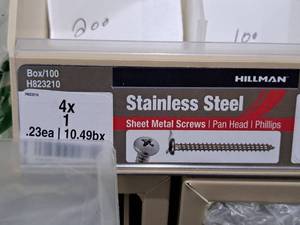 lot 939 image: Lot of (200) Hillman Stainless Steel Sheet Metal Screws 4x1  Pan Head  Phillips Drive #H823210