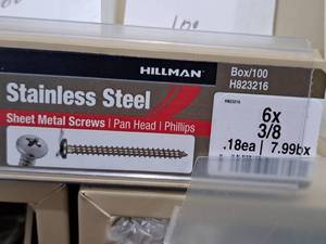 lot 940 image: Lot of (300) Hillman Stainless Steel Sheet Metal Screws 6x38  Pan Head  Phillips Drive #H823216