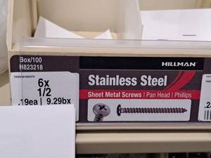lot 942 image: Lot of (150) Hillman Stainless Steel Sheet Metal Screws 6x12  Pan Head  Phillips Drive #H823218