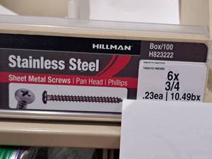 lot 943 image: Lot of (200) Hillman Stainless Steel Sheet Metal Screws 6x34  Pan Head  Phillips Drive #H823222