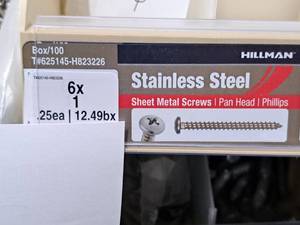 lot 945 image: Lot of (200) Hillman Stainless Steel Sheet Metal Screws 6x1  Pan Head  Phillips Drive #H823226