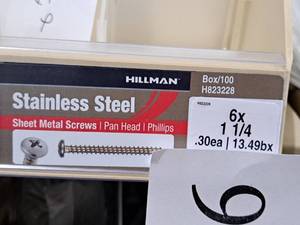 lot 947 image: Lot of (230) Hillman Stainless Steel Sheet Metal Screws 6x1-14  Pan Head  Phillips Drive #H823228