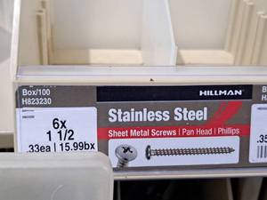 lot 949 image: Lot of (300) Hillman Stainless Steel Sheet Metal Screws 6x1-12  Pan Head  Phillips Drive #H823230