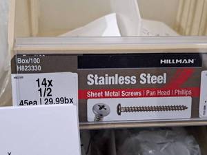 lot 952 image: Lot of (100) Hillman Stainless Steel Sheet Metal Screws 14x12  Pan Head  Phillips Drive #H823330