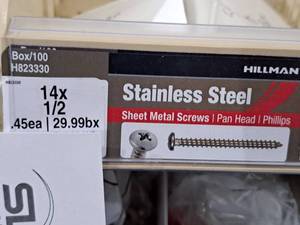 lot 953 image: Lot of (200) Hillman Stainless Steel Sheet Metal Screws 14x12  Pan Head  Phillips Drive #H823330