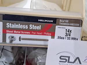 lot 954 image: Lot of (50) Hillman Stainless Steel Sheet Metal Screws 14x34  Pan Head  Phillips Drive #H823334