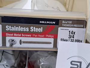 lot 955 image: Lot of (200) Hillman Stainless Steel Sheet Metal Screws 14x34  Pan Head  Phillips Drive #H823334