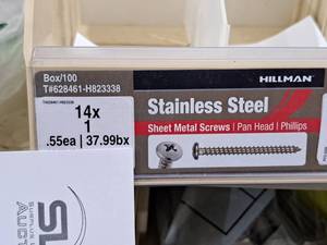 lot 957 image: Lot of (100) Hillman Stainless Steel Sheet Metal Screws 14x1  Pan Head  Phillips Drive #H823338