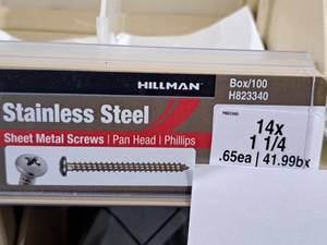 lot 958 image: Lot of (260) Hillman Stainless Steel Sheet Metal Screws 14x1-14  Pan Head  Phillips Drive #H823340